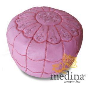 Pouf marocain design arcade en cuir rose, pouf en cuir véritable fait main