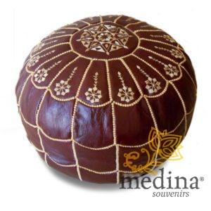 Pouf marocain design arcade en cuir orange, pouf en cuir véritable fait main
