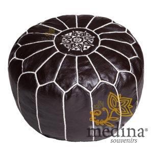 Pouf design cuir marocain noir et coutures blanches, pouf en cuir véritable fait main