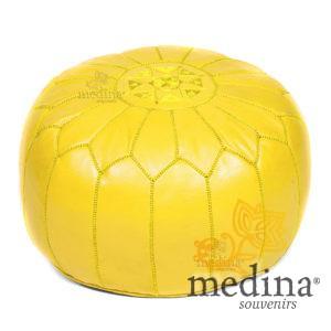 Pouf design cuir marocain jaune, pouf en cuir véritable fait main