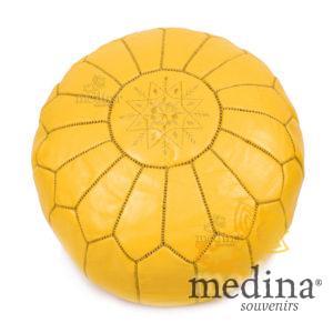 Pouf design cuir marocain moutarde, pouf en cuir véritable fait main