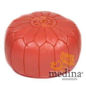 Pouf design cuir marocain rouge, pouf en cuir véritable fait main