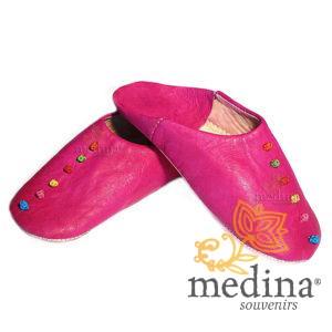 Babouche Rosa Marrakech fuchsia, babouches confectionnees et cousues main, chaussons en cuir veritable et soie de sabra
