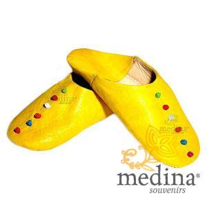 Babouche Rosa Marrakech jaune, babouches confectionnees et cousues main, chaussons en cuir veritable et soie de sabra