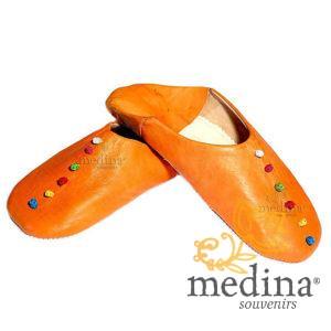 Babouche Rosa Marrakech orange, babouches confectionnees et cousues main, chaussons en cuir veritable et soie de sabra