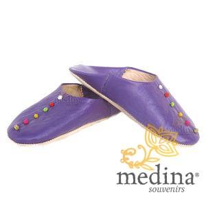 Babouche Rosa Marrakech violet, babouches confectionnees et cousues main, chaussons en cuir veritable et soie de sabra