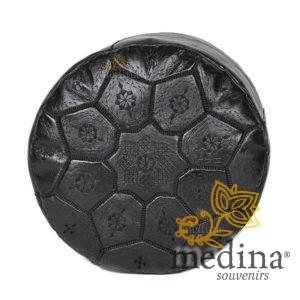 Pouf Nejma en noir cuir, pouf marocain en cuir véritable fait main