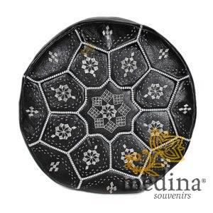 Pouf Nejma en cuir noir et broderies blanches, pouf marocain en cuir véritable fait main