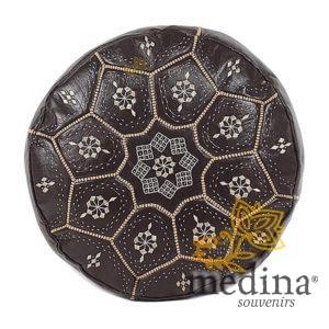 Pouf Nejma en cuir chocolat mocha, pouf marocain en cuir véritable fait main