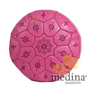 Pouf Nejma en cuir fuchsia, pouf marocain en cuir véritable fait main