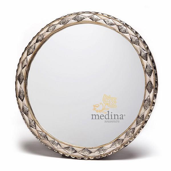 Grand miroir rond orné et décoré couleur ivoire, miroir fait main