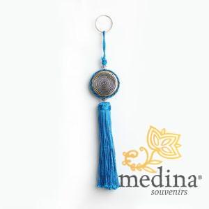 Porte cles Shems, porte cle en métal gravé et pompon en soie Turquoise