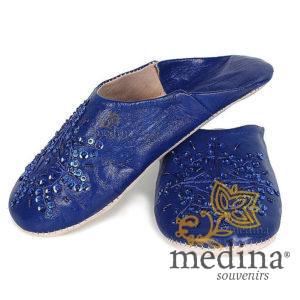 Babouche marocaine originales Paloma bleu foncé, pantoufles alliant du confort et de l'élégance, chaussons cousus main