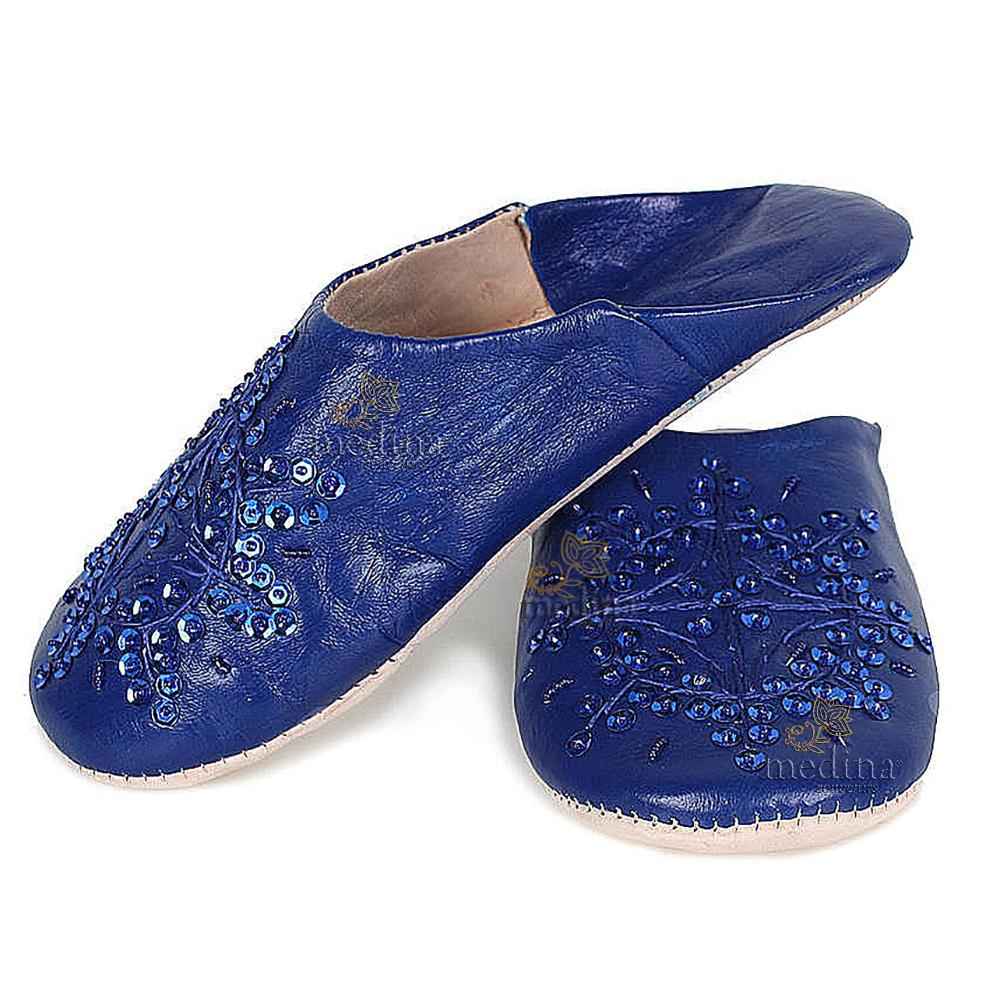 Babouche marocaine originales Paloma bleu foncé, pantoufles alliant du confort et de l'élégance, chaussons cousus main