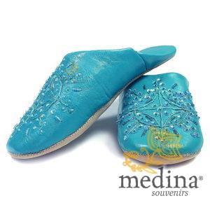 Babouche marocaine originales Paloma turquoise, pantoufles alliant du confort et de l'élégance, chaussons cousus main