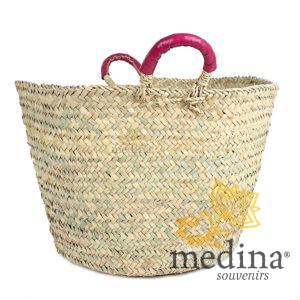 Panier marocain avec poignées en cuir fuchsia