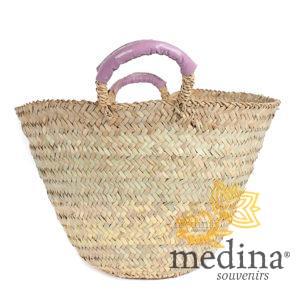 Panier marocain avec poignées en cuir rose