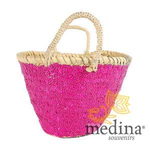 Panier marocain design avec poignées en corde tressée et décoré de paillettes rose