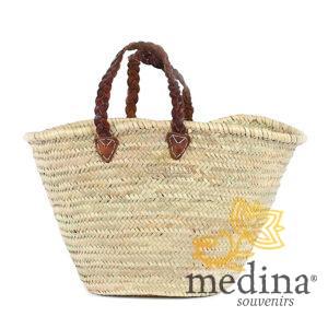 Panier marocain avec poignées en cuir tressé marron