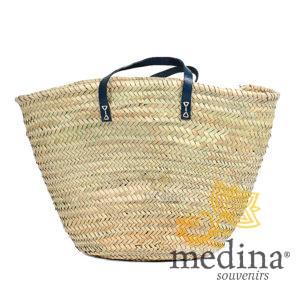 Panier marocain avec poignées plates en cuir bleu