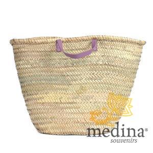 Panier marocain avec poignées plates en cuir rose