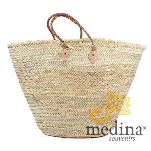 Panier marocain avec poignées fines tréssées en cuir naturel