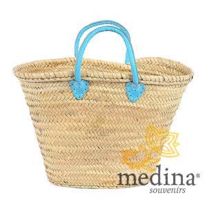 Panier marocain avec poignées en cuir turquoise