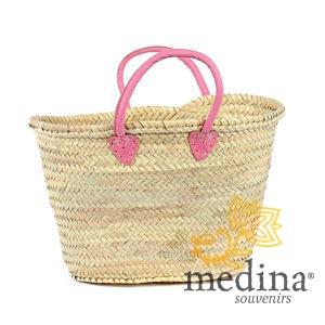 Panier marocain avec grosses poignées en cuir rose