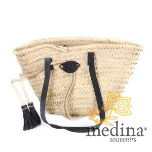 Panier marocain avec grandes poignées plates en cuir noir et fermeture originale
