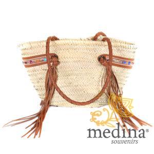 Panier marocain avec grandes poignées tressées en cuir marron