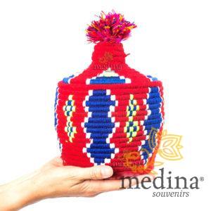 Boite vintage 3 cousue et tissée au fil de laine dans les tons rouge et bleu