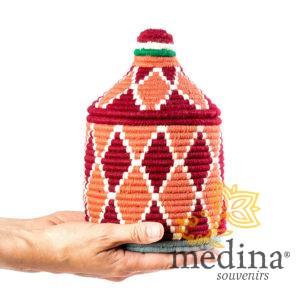 Boite vintage 23 cousue et tissée au fil de laine dans les tons rouge et orange