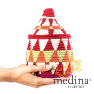 Boite vintage 25 cousue et tissée au fil de laine dans les tons rouge, orange et blanc