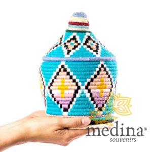 Boite vintage 28 cousue et tissée au fil de laine dans les tons turquoise et jaune