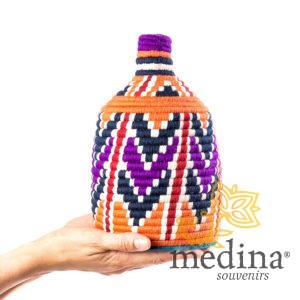 Boite vintage 29 cousue et tissée au fil de laine dans les tons orange, violet et bleu