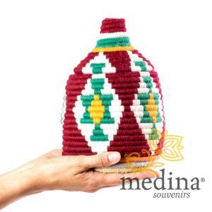 Boite vintage 33 cousue et tissée au fil de laine dans les tons bordeaux et vert