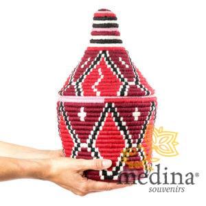 Grande boite vintage 50 cousue et tissée au fil de laine dans les tons bordeaux et rose