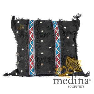 Coussin vintage carré tissé et brodé à la main couleur noir