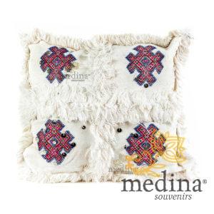Coussin vintage berbere en laine vierge tissé main blanc motifs roses et rouges