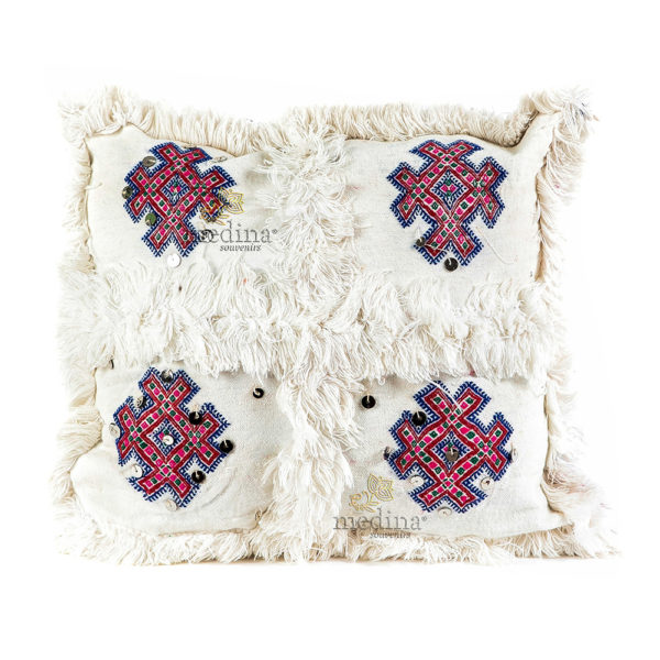 Coussin vintage berbere en laine vierge tissé main blanc motifs roses et rouges