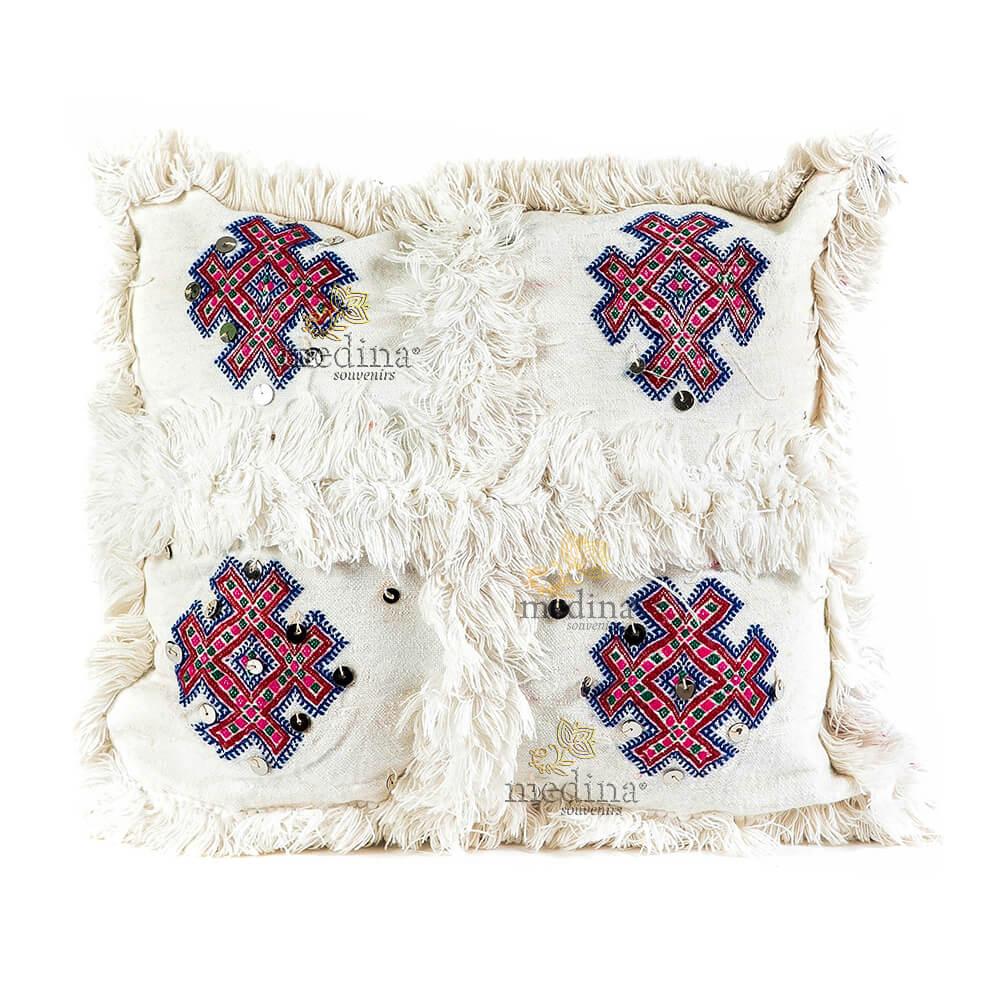 Coussin vintage berbere en laine vierge tissé main blanc motifs roses et rouges