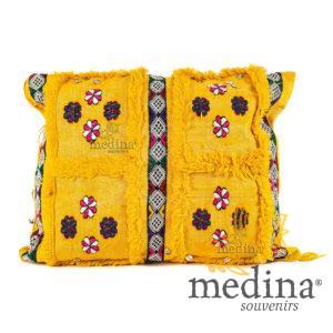 Coussin rectangulaire vintage jaune tissé à la main et broderies multicolores, coussin vintage tissé à la main