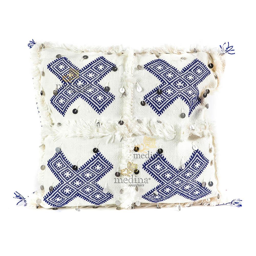 Coussin vintage berbere en laine vierge tissé main blanc motifs bleus