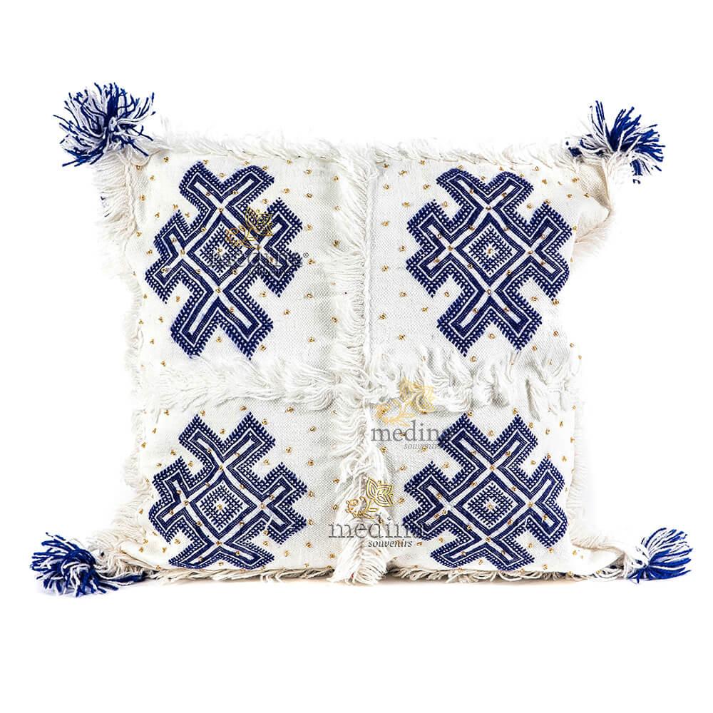 Coussin vintage berbere 100% laine vierge tissé main blanc motifs bleus avec ses pompoms de laine