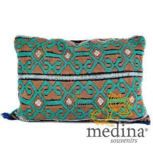 Coussin vintage couleur vert et taupe coussin rectangulaire tissé et brodé à la main