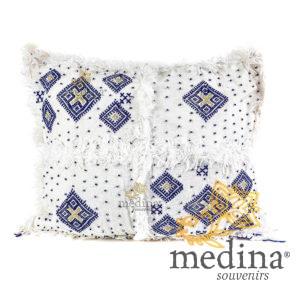 Coussin vintage berbère 100% laine vierge tissé main blanc motifs asymétriques bleus