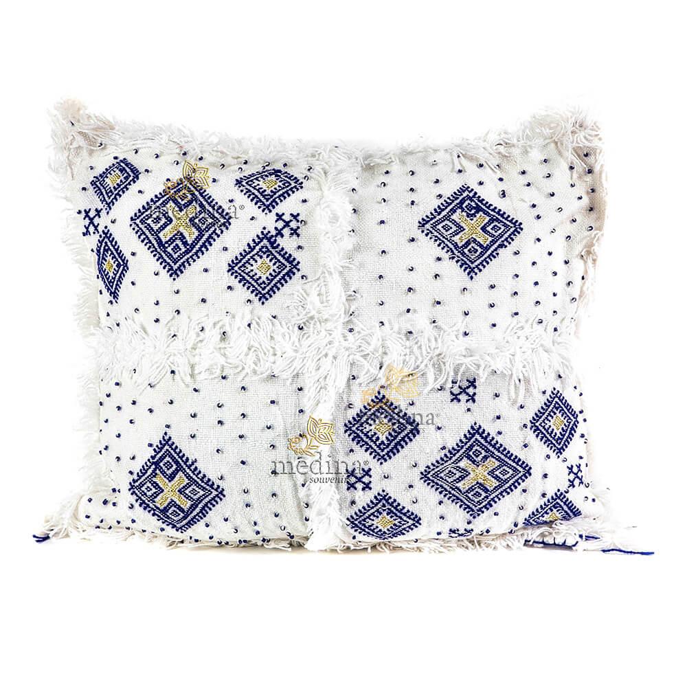 Coussin vintage berbère 100% laine vierge tissé main blanc motifs asymétriques bleus