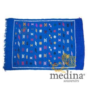 Tapis vintage fait main, tapis berbère aux motifs ethniques sur fond cobalt