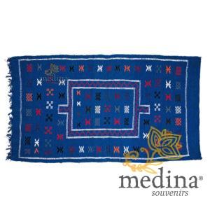 Tapis vintage fait main, tapis berbère aux motifs ethniques sur fond marine