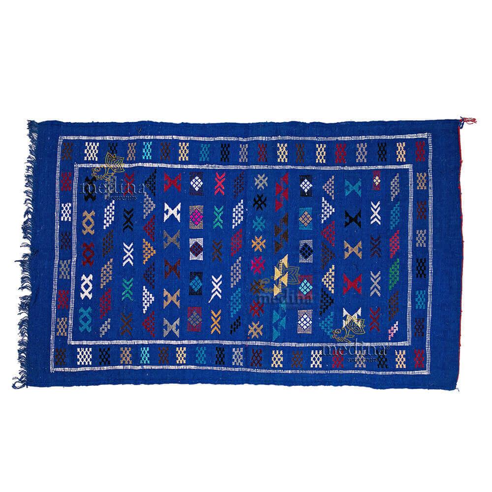 Tapis vintage fait main, tapis berbère aux motifs ethniques sur fond bleu